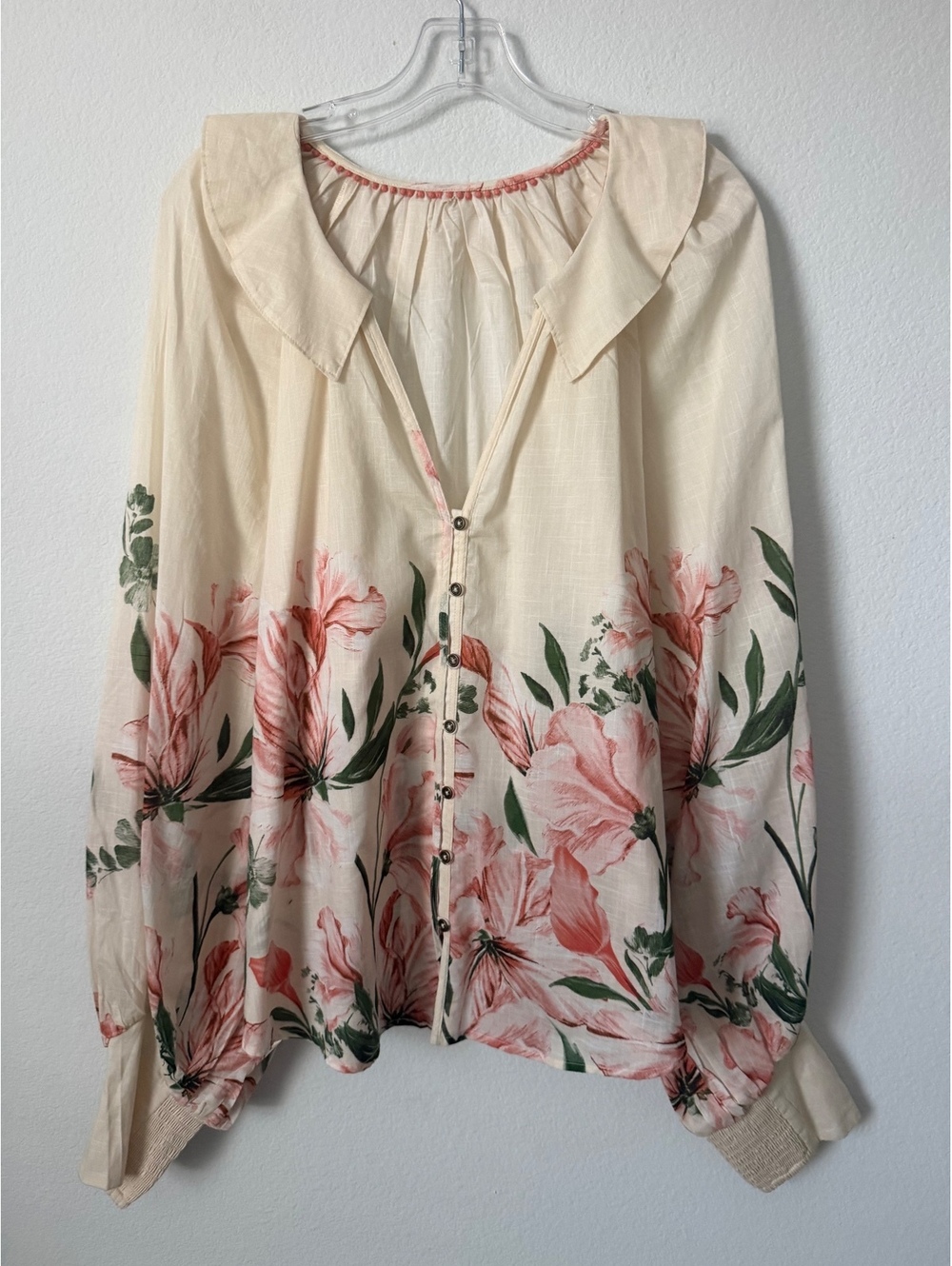 Anthropologie Long Sleeve Collared V-Neck Button Up Floral Sheer Blouse Size 1X